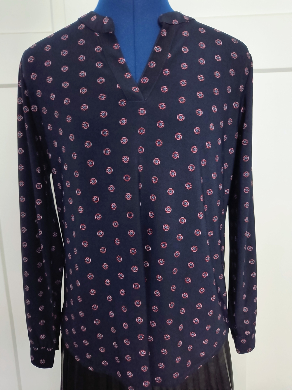 Anne Klein Navy Blouse with Pink Dot Floral Print